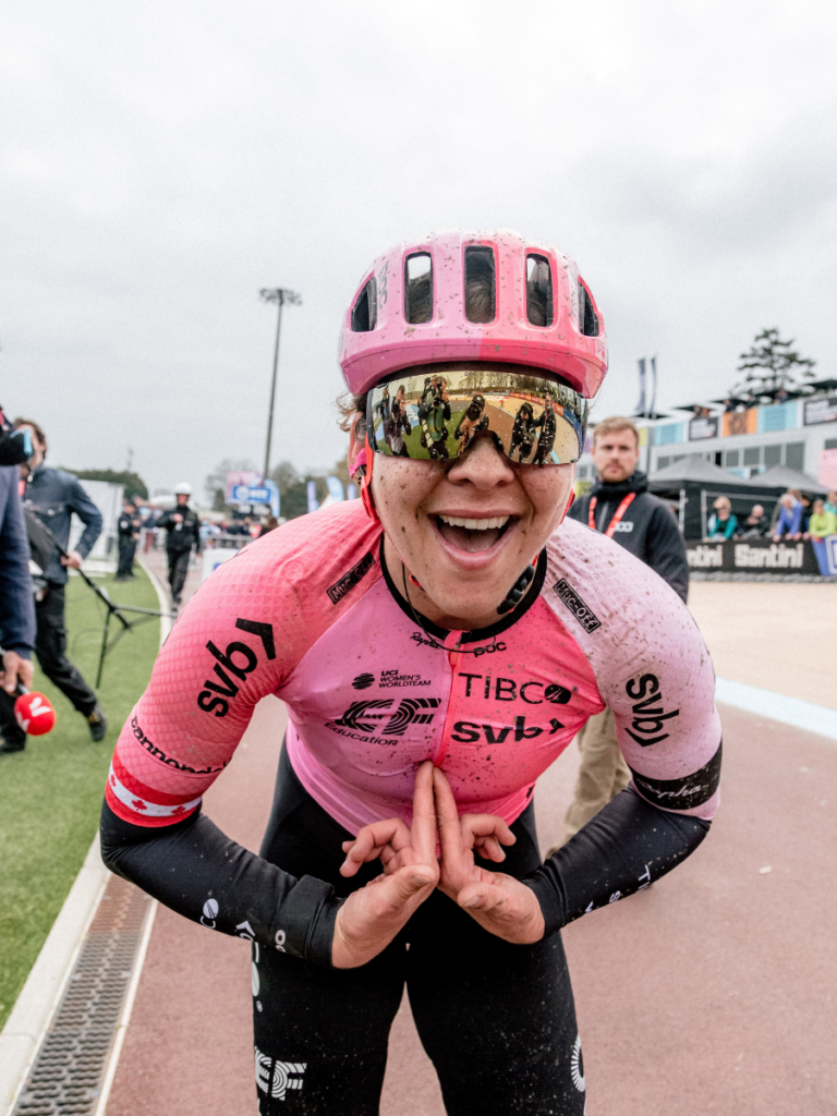 Alison Jackson moments after winning the famed Paris-Roubaix Femme